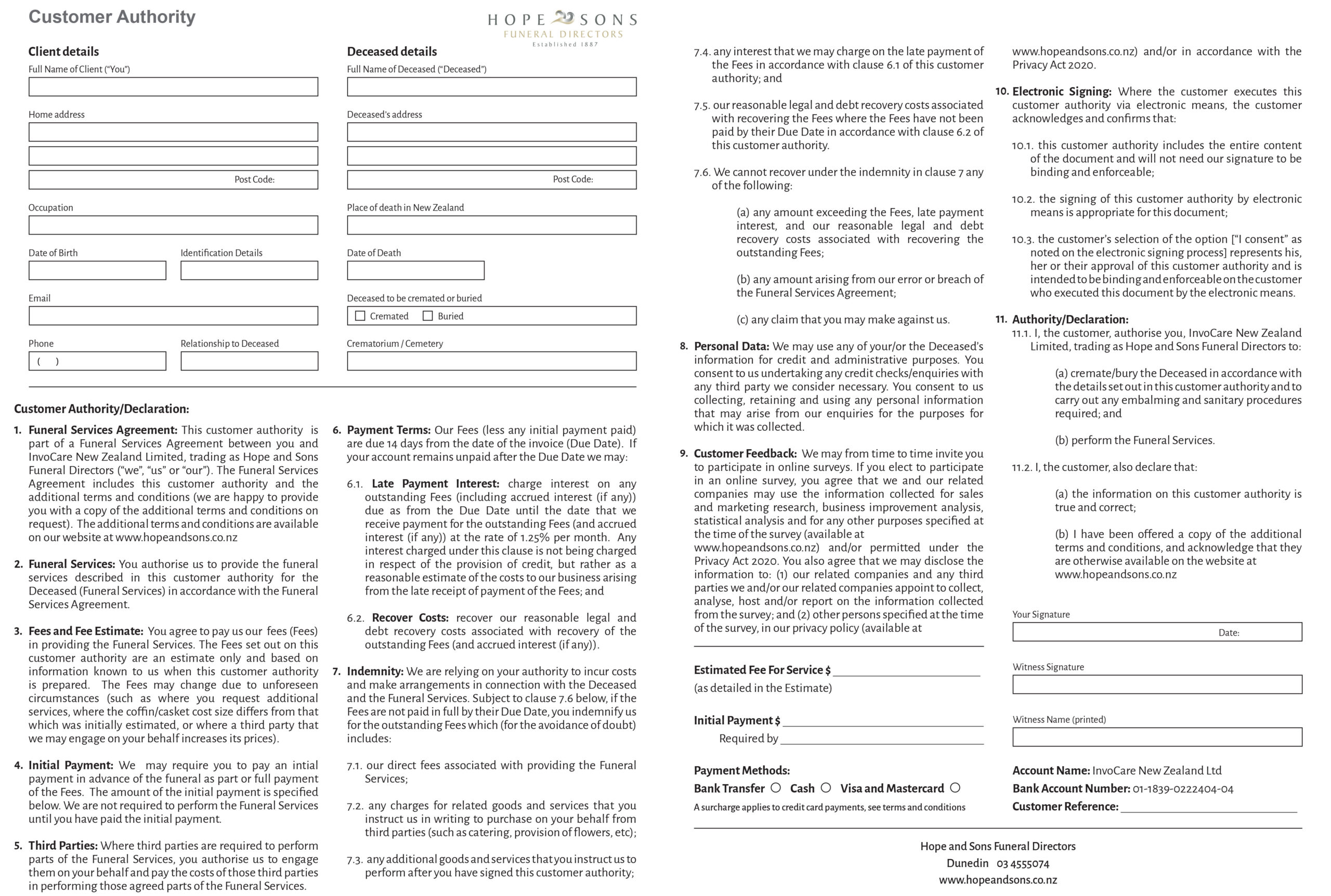 Hope And Sons Funeral Directors Customer Authority Form